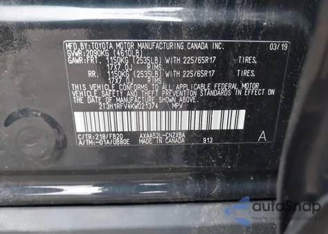 2019 Toyota Rav4 Le z USA, uszkodzony, nr VIN 2T3H1RFV4KW021374